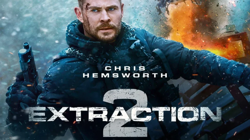"Extraction 2": Poster film dengan gambar Chris Hemsworth sebagai Tyler Rake di tengah aksi adegan pertarungan yang memukau.