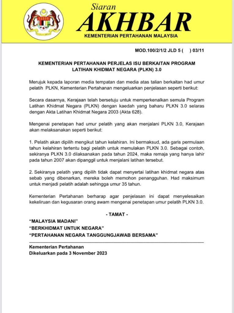 PLKN, MINDEF